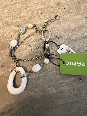 Fossil Stainless Steel Bracelet Ceramic Faux Pearl Charms Double Loop NWT